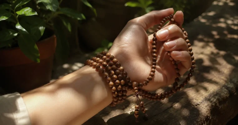 A hand gently holding a strand of traditional wooden Mala beads wrapped around the wrist, with dappled sunlight and green plants in the background.