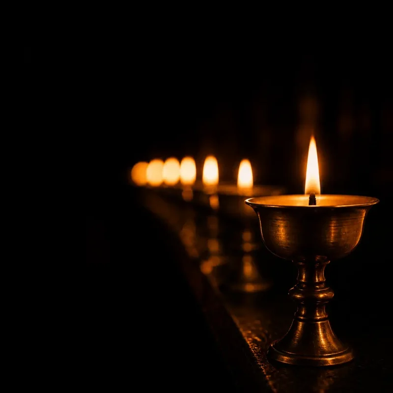 Row of traditional glowing Tibetan butter lamps in a dark temple setting.