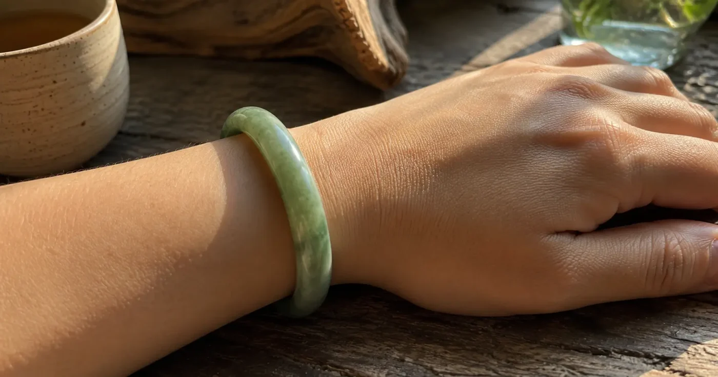 A person's wrist wearing a smooth green jade bangle, resting on a rustic wooden table bathed in warm afternoon sunlight.