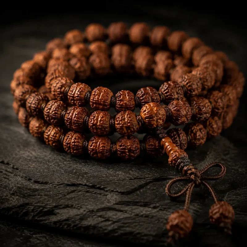 Hand-knotted Rudraksha mala bracelet gracefully coiled on a dark slate surface, showcasing traditional craftsmanship.