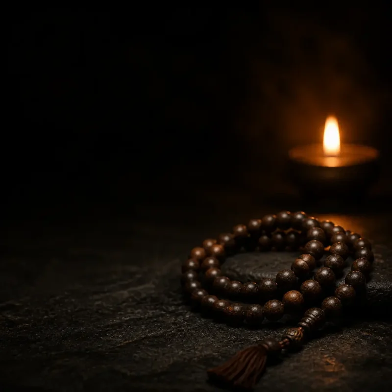 Wooden mala prayer beads resting near a glowing candle in a dark space.