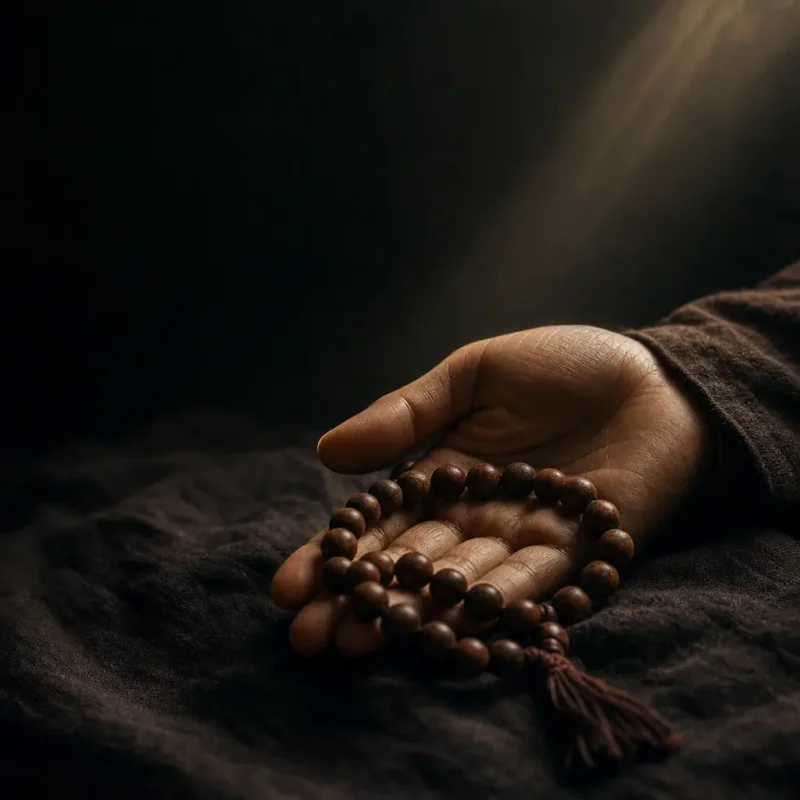 Hands gently holding traditional wooden mala beads in cinematic lighting.