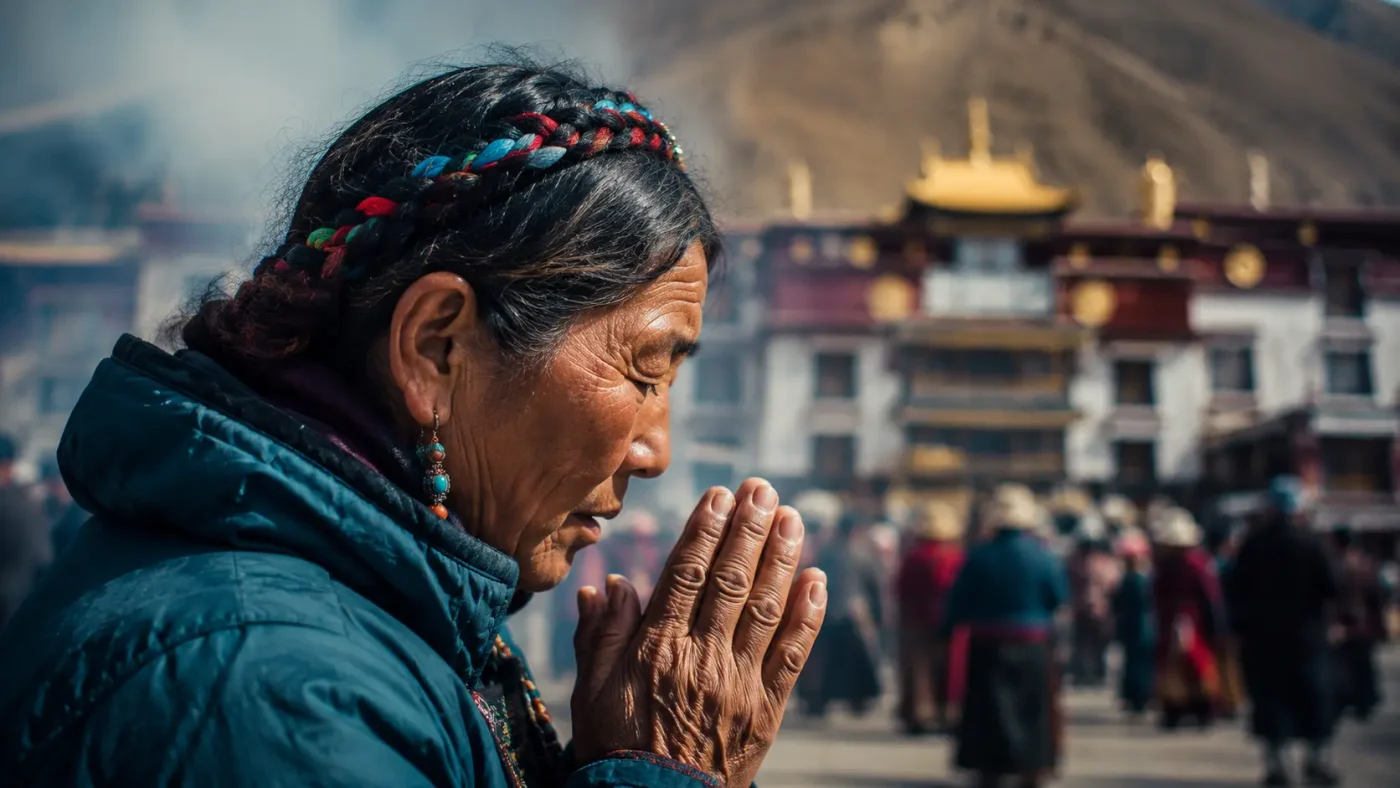 Portrait of an elderly Tibetan praying with hands together against a blurred temple background.