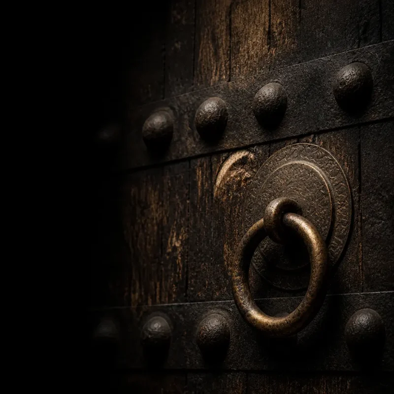 Close up of heavy iron ring hardware on an antique Tibetan temple wooden door.